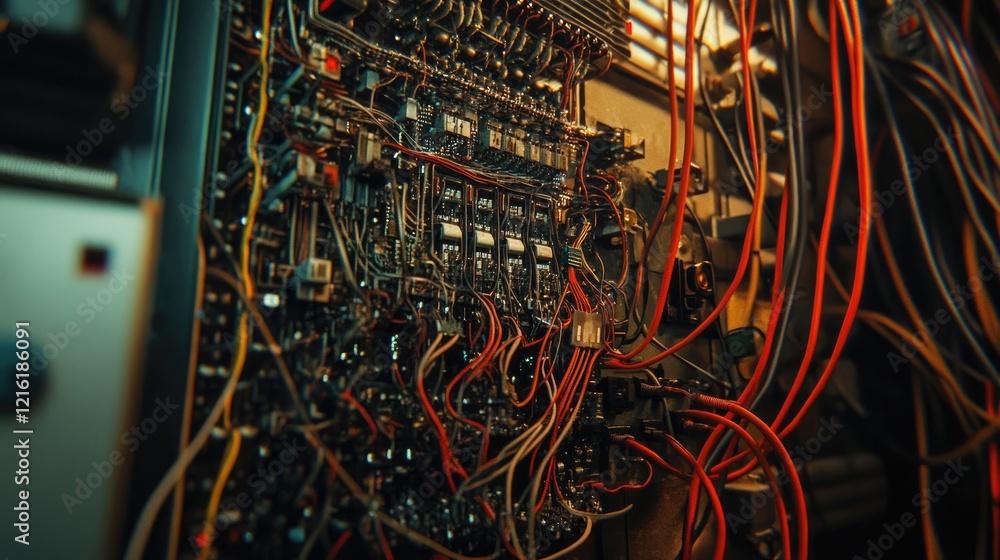 Poster detailed shot of complex wiring inside an electrical control cabinet for industrial applications, sh