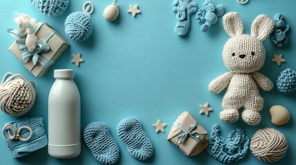 Baby accessories concept, a top view photo of gift boxes, a teether, a knitted bunny rattle toy, socks, booties, a milk bottle and stars on an isolated pastel blue background with empty space