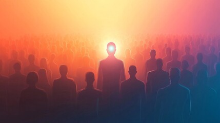 A crowd of silhouettes, with one figure glowing brightly in the center to symbolize the ideal candidate, set against a minimalist and futuristic gradient background, 16:9