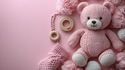 Baby accessories concept, a top view photo of pink booties, socks, a knitted teddy bear toy, a pacifier chain, a wooden rattle and a bottle on an isolated pastel pink background with copyspace