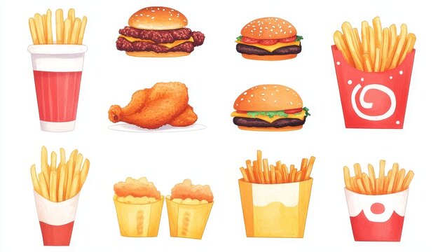 Fast food icons burgers, fries, chicken.