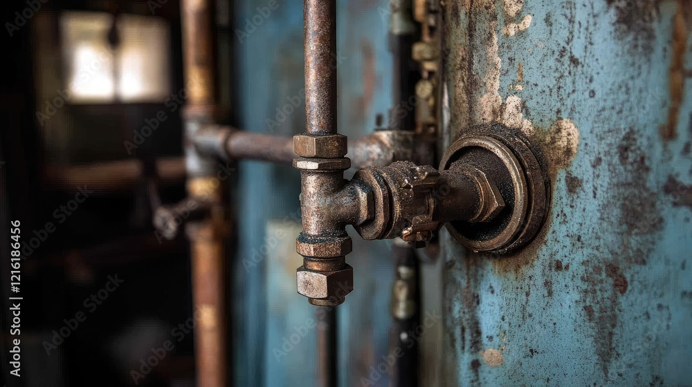 Aufkleber detailed view of a pipe connection in a plumbing system, showcasing a visible hose and valve in a we