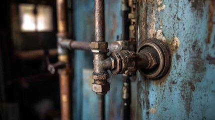 Detailed view of a pipe connection in a plumbing system, showcasing a visible hose and valve in a well-organized utility room
