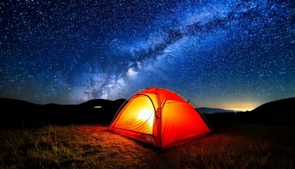 Tent in the mountains. Red tent, milky way, stary sky, night. Camping on nature. Tourism.