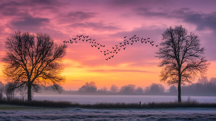 Birds in Flight at Sunrise over Frosty Field