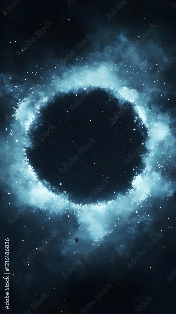Aufkleber glowing circular nebula frames dark space with sparkling stars and wispy clouds.