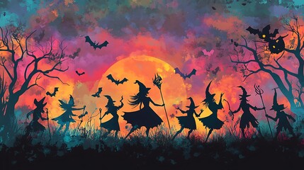 Witches Dancing Under a Full Moon in a Halloween Forest
