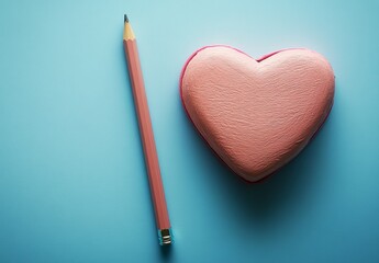 A pink heart-shaped notebook with a pencil on a blue background