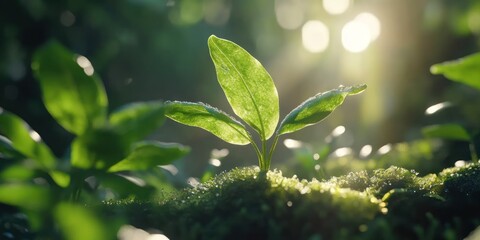 Sunrise seedling growth forest moss background