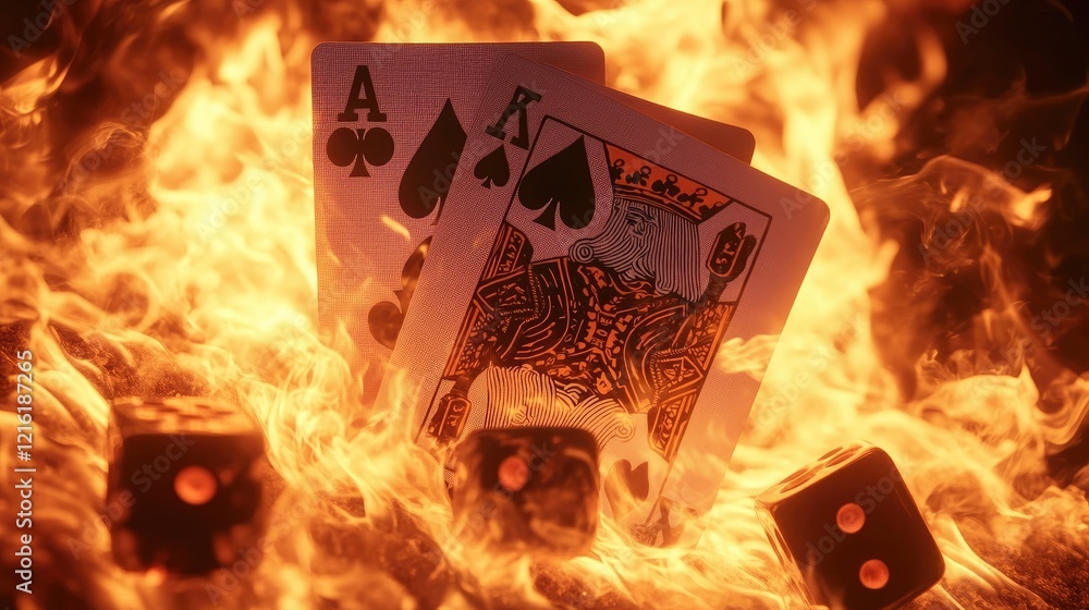 Aufkleber fiery image of burning king and ace playing cards with dice scattered across a backdrop of blazing f