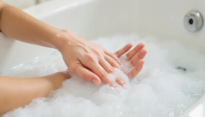 Hands in bubble bath enjoying relaxation