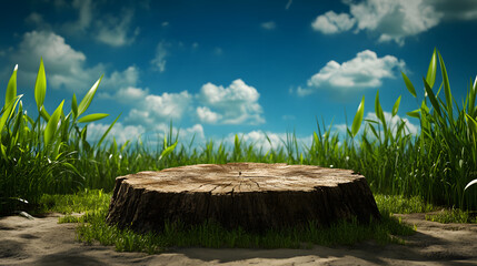 A vibrant clearing featuring a tree stump surrounded by lush green grass under a bright blue sky with fluffy clouds
