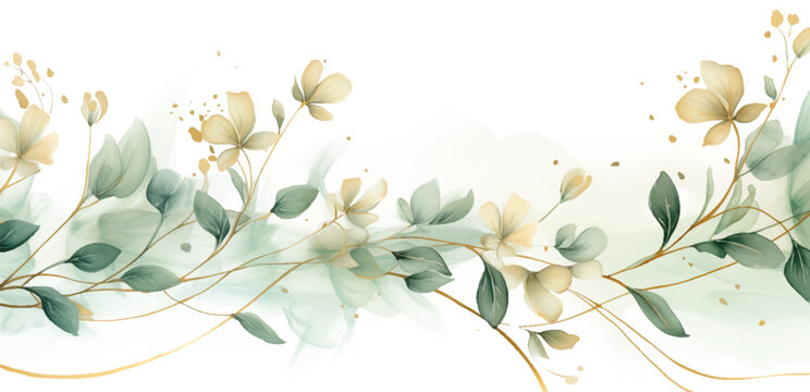 Watercolor spring botanical vector illustration. Fresh and airy illustration of green leaves and delicate white flowers, all hand-painted in a watercolor style