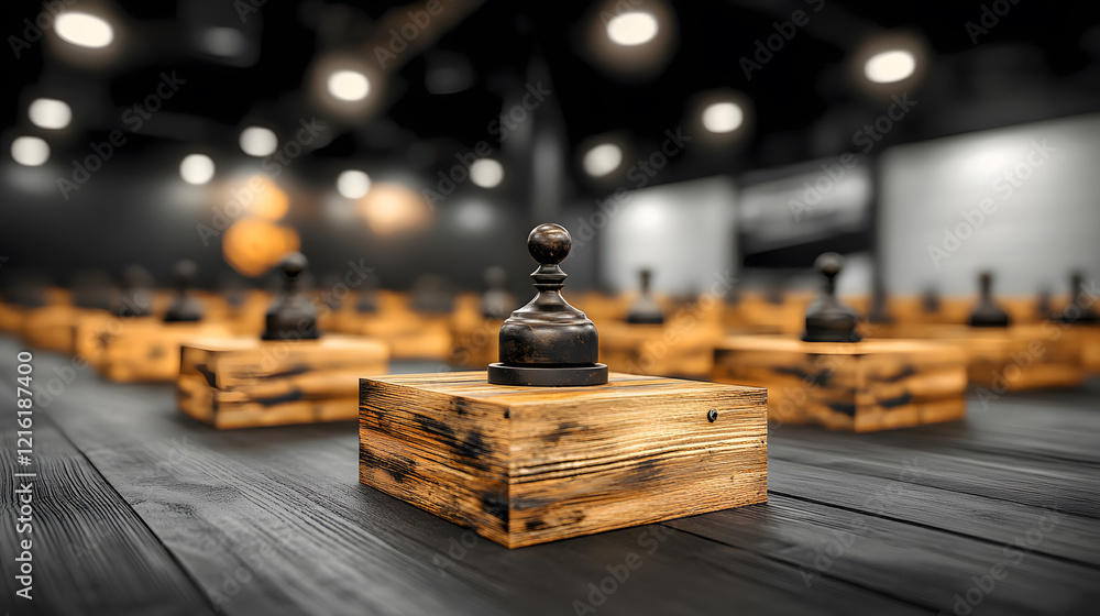 Poster a striking display of wooden blocks topped with a small black object, set in a dimly lit, modern spa