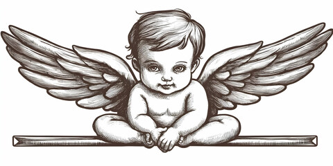 Cherubic Angel Illustration: A Serene Baby with Wings Sits Peacefully on a Wooden Beam