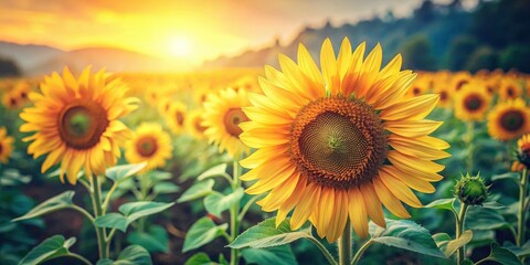 Obraz premium Vintage yellow sunflower field; summer's vibrant blooms paint a lush green meadow.