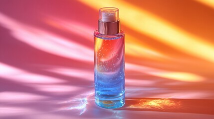 Colorful glass bottle with liquid on a vibrant gradient background