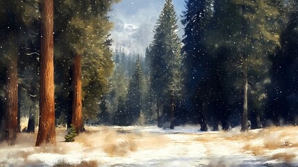 Fototapeta premium Snow-covered evergreen forest illustration depicting peaceful coniferous trees in a serene landscape, drawn in a traditional book illustration style