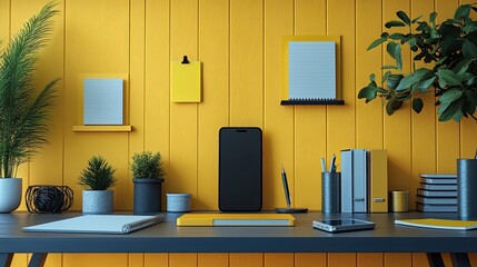 Back to school concept smartphone, copybooks, pen stand, adhesive tape, and sticky notes on a yellow wall