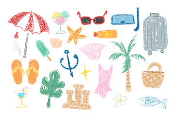 Crayon fun cute kid colorful doodle set badge, scribble line  rainbow background. Hand drawn doodle sketch childish element set. beach summer vibe and travelling children draw style design elements	