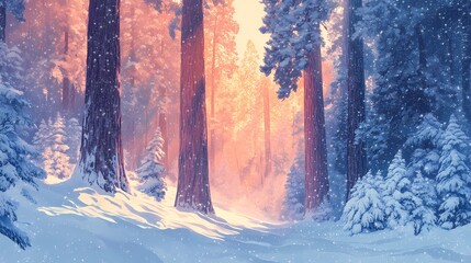 Snow-covered evergreen forest illustration depicting peaceful coniferous trees in a serene landscape, drawn in a traditional book illustration style