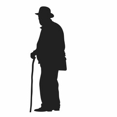 A man in a hat and a cane is standing on a sidewalk. He is wearing a jacket and pants