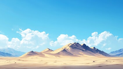 Sunny desert landscape with mountains and clouds.