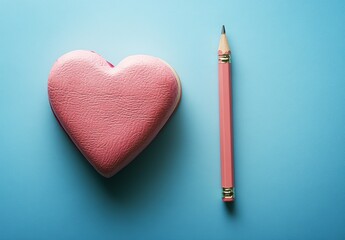 A pink heart-shaped notebook with a pencil on a blue background