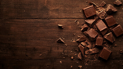 木製テーブルに散らばる美味しそうなチョコレート Delicious Chocolate Pieces on Wooden Table｜Generative AI