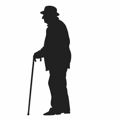 A man in a hat and a cane is standing on a sidewalk. He is wearing a jacket and pants