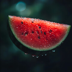 a slice of watermelon with water droplets.