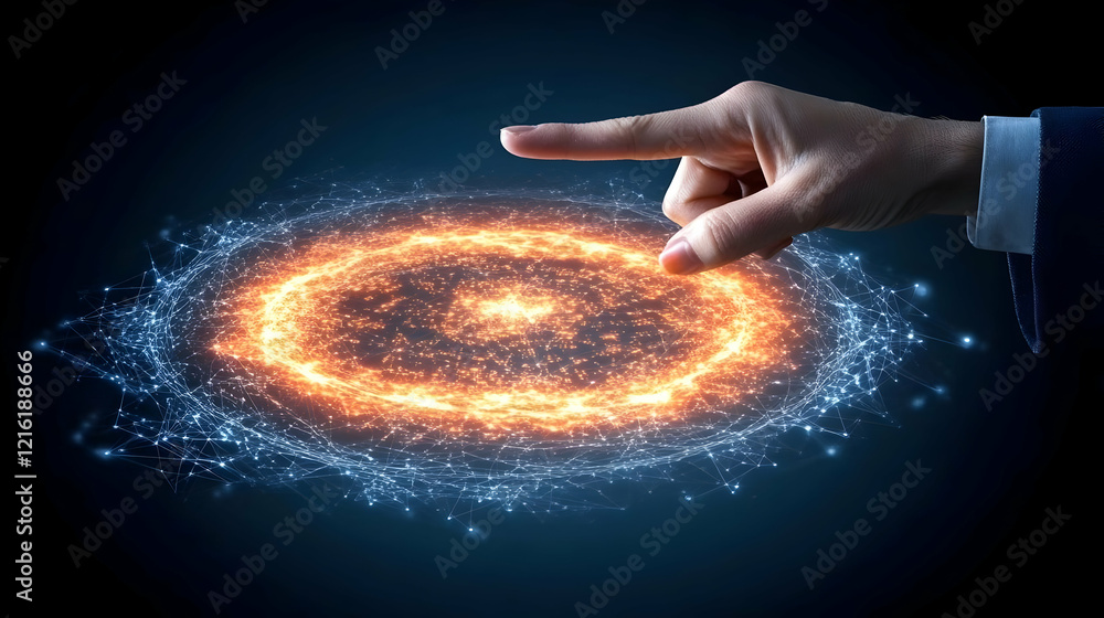 Poster hand pointing at abstract glowing energy field with network connections in digital space