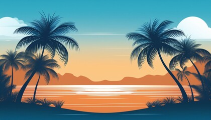 Obraz premium Tropical island paradise background with palms silhouette and sky. Generated image