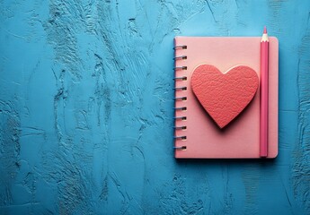 A pink heart-shaped notebook with a pencil on a blue background