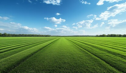 Lush green field with parallel lines under a blue sky.
