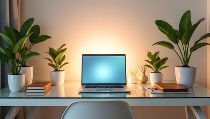 Fototapeta premium An inviting workspace scene with modern design, featuring clean arrangements, glowing laptops, and ambient lighting, ideal for focus and creativity. AI-generated.
