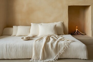 Cozy Minimalist Bedroom: Off-White Linen Throw & Pillows by Fireplace Niche