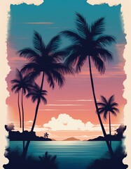 Fototapeta premium Island paradise background with palms silhouette and sky. Generated image