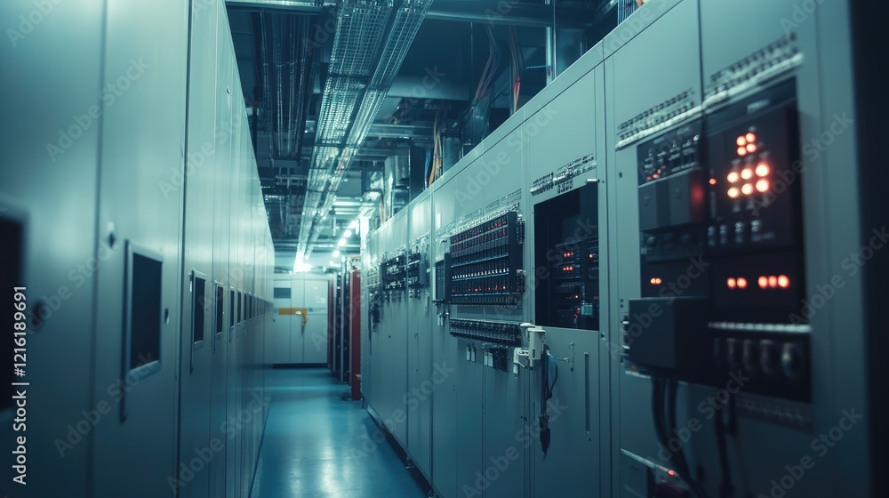 Poster interior view of an electrical control cabinet, featuring complex wiring systems designed for indust