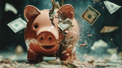 Dramatic close-up of a piggy bank mid-shatter with money flying.