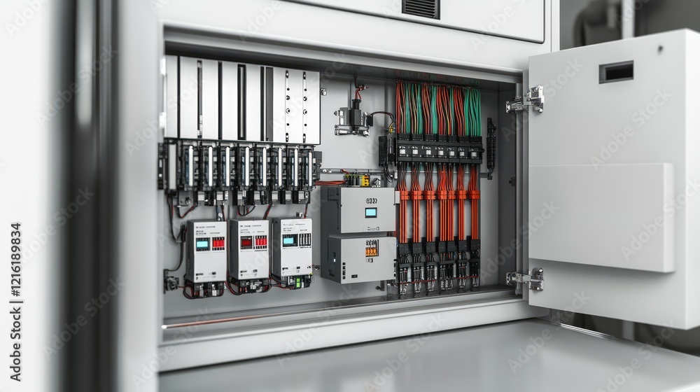 Poster intricate wiring setup within an electrical control cabinet, focusing on the organization and advanc
