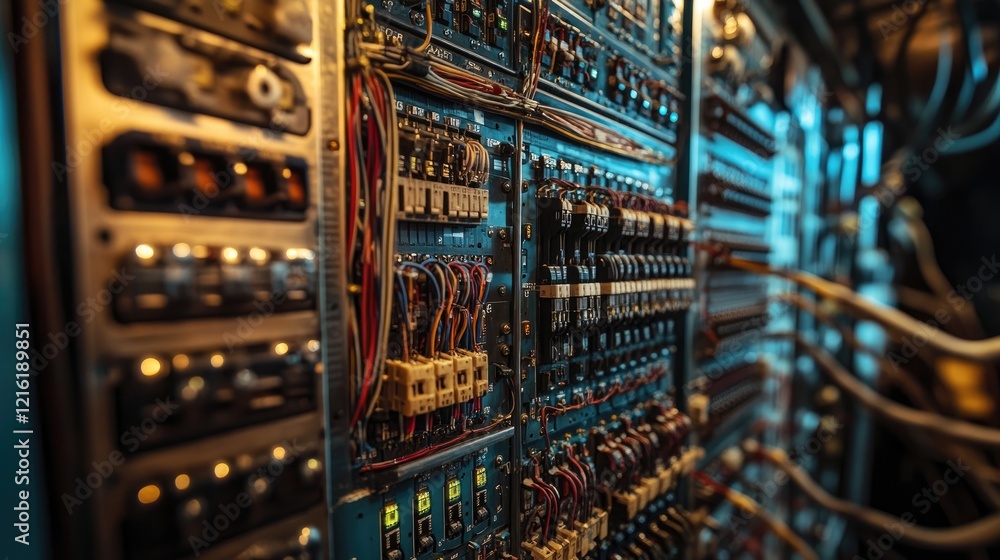 Poster intricate wiring setup within an electrical control cabinet, focusing on the organization and advanc