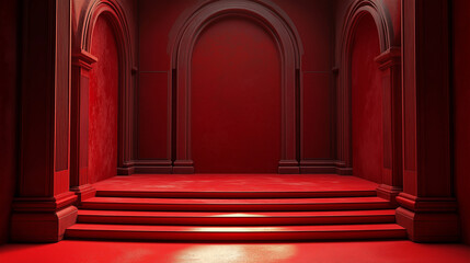 A red rendered image of stepped archways, perhaps for a product display.