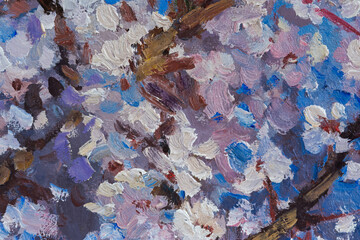 Abstract multicolored art background with oil paints. Modern hand-made design on canvas with a brush. Up-to-date picturesque spring background for websites. Delicate shades of blue brown purple pink