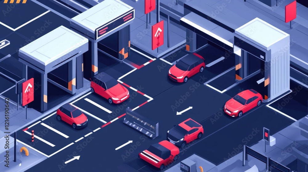 Poster isometric design showing a parking entrance with directional downward arrows, barriers, and cars ent
