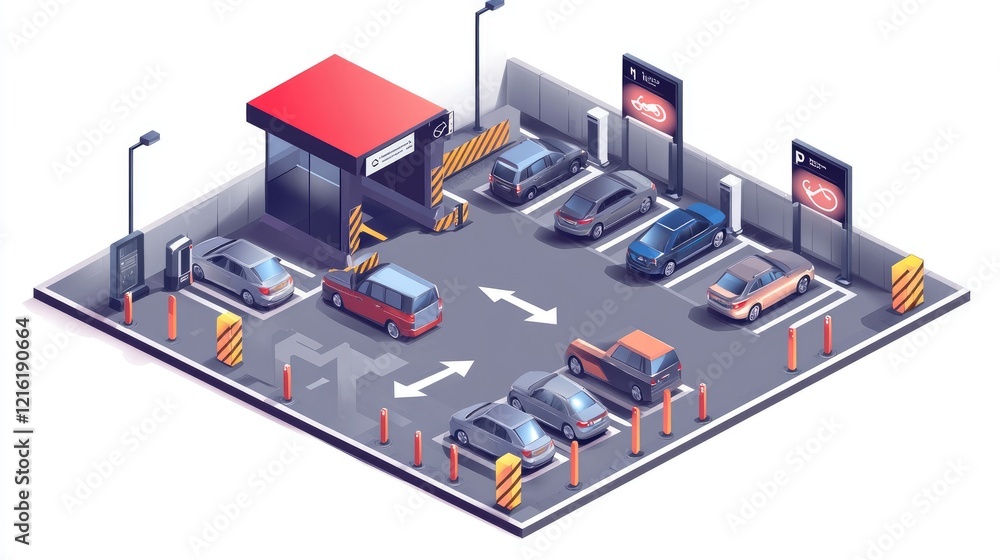 Poster isometric design showing a parking entrance with directional downward arrows, barriers, and cars ent