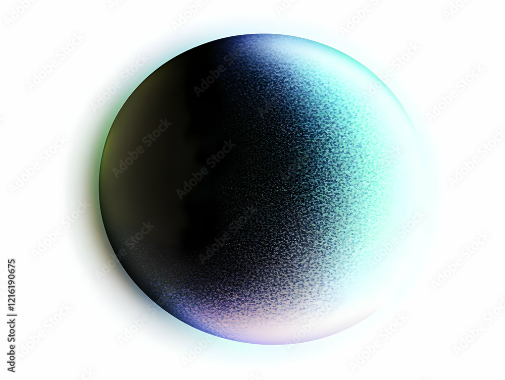 Poster abstract sphere with textured surface, gradient colors and glowing edges on white background.