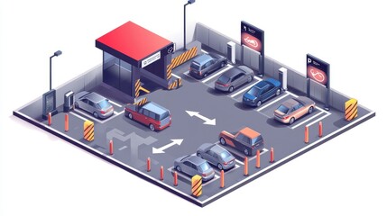 Obraz premium Isometric design showing a parking entrance with directional downward arrows, barriers, and cars entering and exiting the system with smooth flow