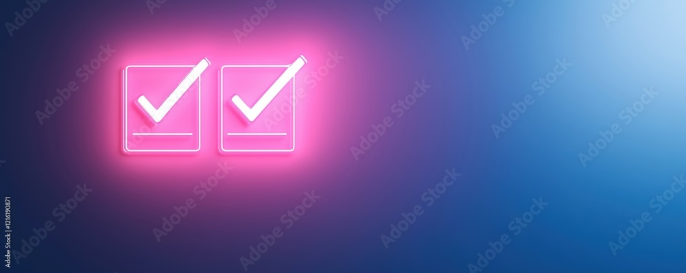 Aufkleber two glowing checkboxes with ticks illuminated in pink on a blue gradient background, symbolizing com