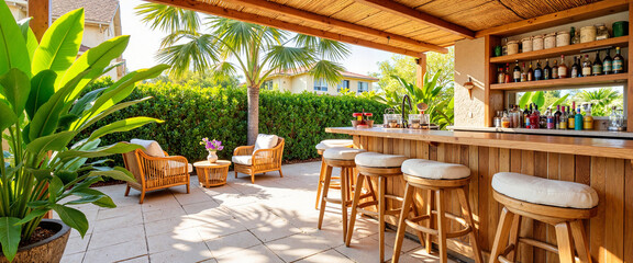 Fototapeta premium Tropical outdoor bar with bamboo furniture surrounded by lush greenery, relaxation